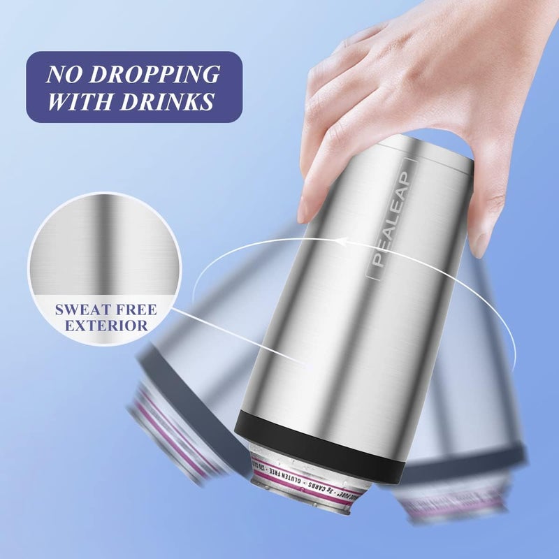 PEALEAP 4 in 1 Insulated Slim Can Cooler for 12 OZ Cans and Beer Bottle - Keep 8 Hours Cold, Easy to Hold - Stainless Steel Can Holder, Double Walled Can Insulator for Hard Seltzer and More (Stainless Steel) - Image 4